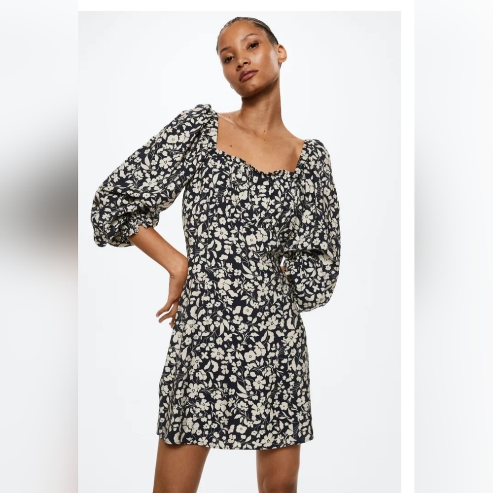 Mango Black and Cream Floral Long Sleeve Dress